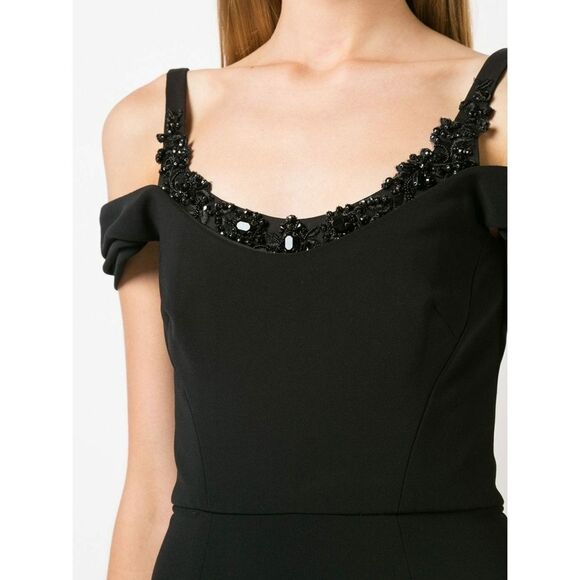 New! MARCHESA NOTTE Women's Beaded Neckline Cold-Shoulder Black Gown Dress 14 - Picture 4 of 13